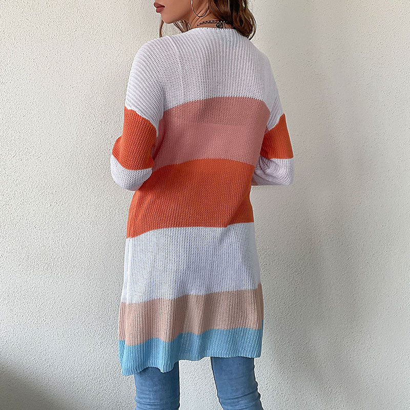 Damen Cardigan Lässig Gestrickt Blockfarben Tiefen Taschen Beige