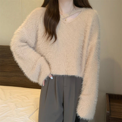 Damen Pullover Flauschig V-Ausschnitt Lässig Norvielle