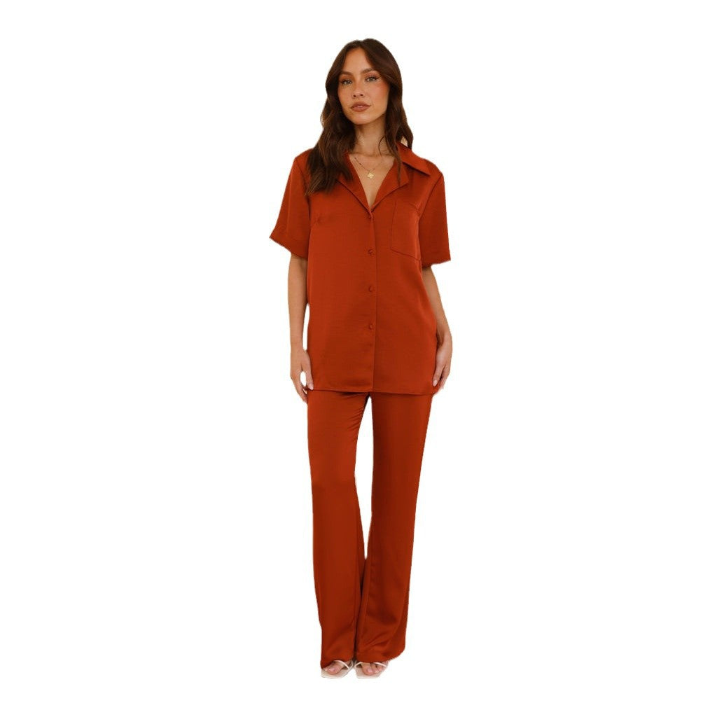 Damen Satin Schlafanzug Kurzarm Bluse Weite Hose Norvielle