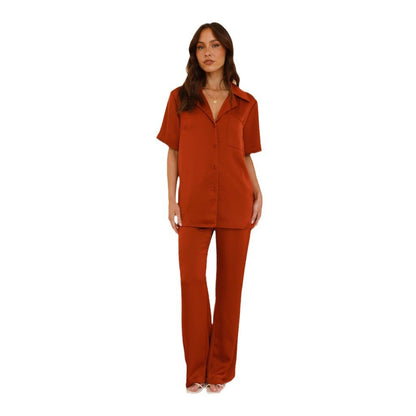 Damen Satin Schlafanzug Kurzarm Bluse Weite Hose Norvielle