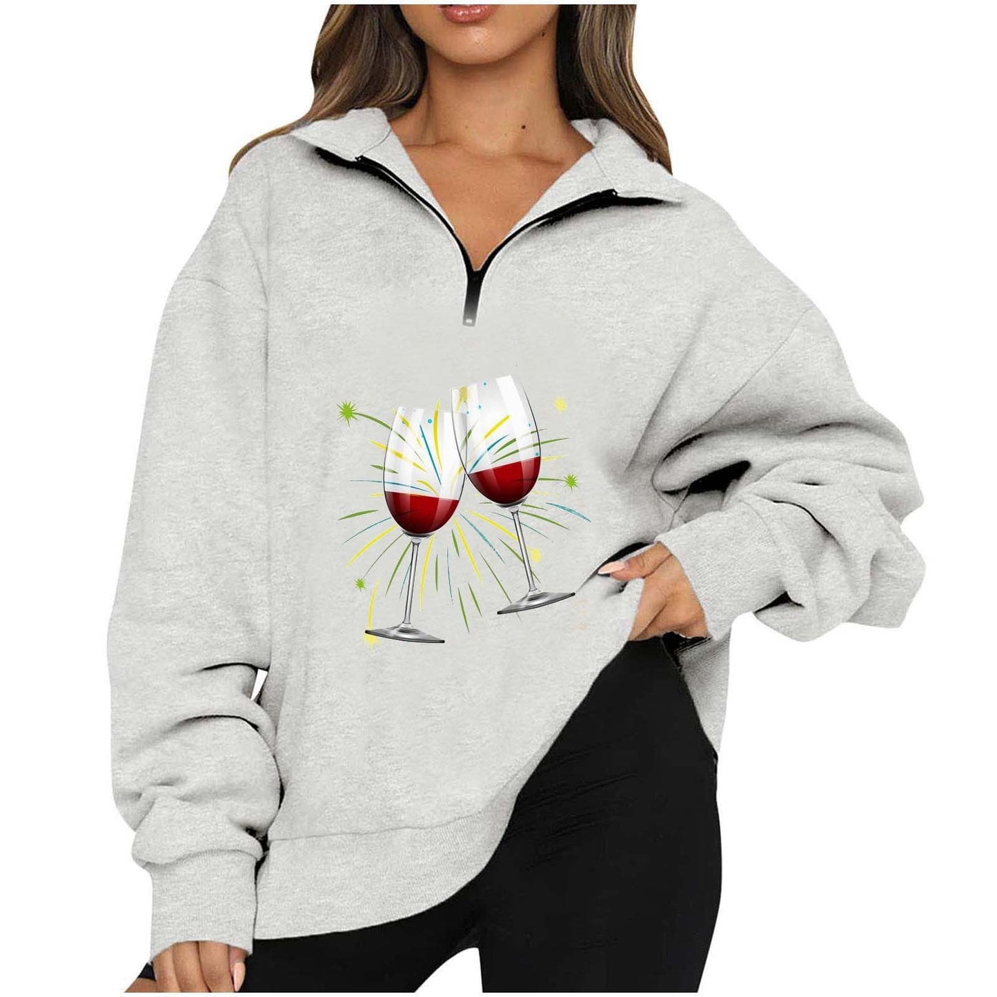 Damen Oversized Pullover Reißverschluss Party-Motiv Norvielle