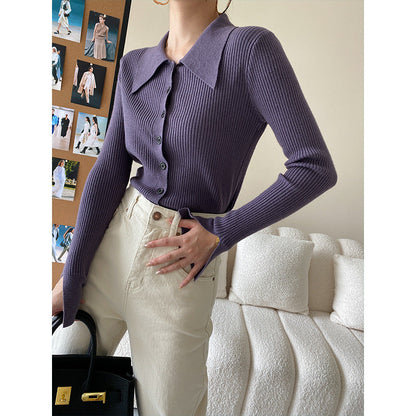 Damen Strickoberteil Großer Kragen Elegantes Design Beige