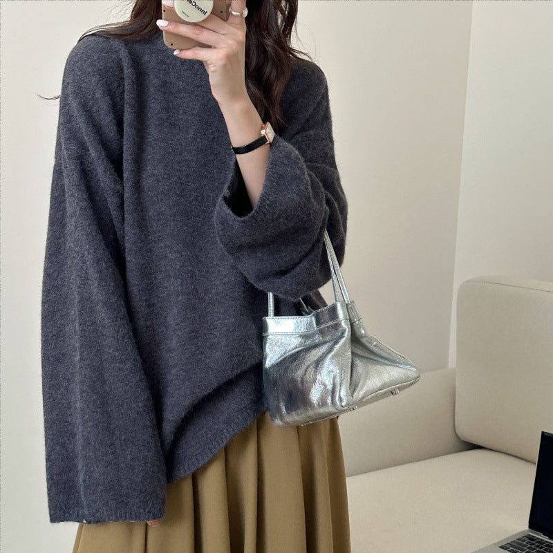 Damen Oversized Strickpullover Weiter Schnitt Feines Material Beige