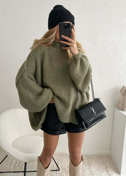 Damen Oversized Strickpullover Hochkragen Ballonärmel