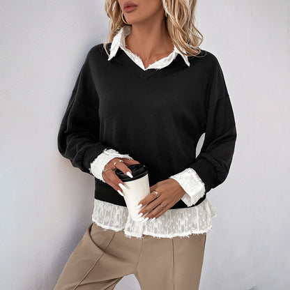 Damen Sweatshirt mit Spitzenansatz Romantisch Beige