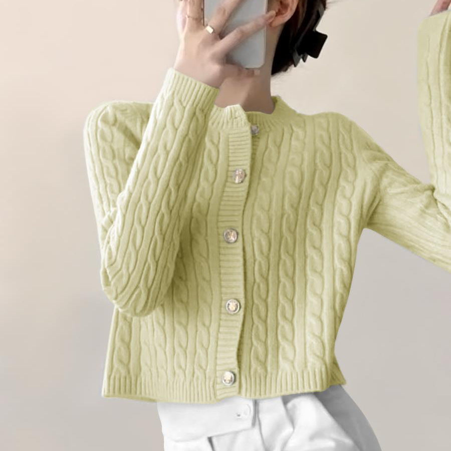 Damen Grobstrickjacke Knopfverschluss Zopfmuster Beige