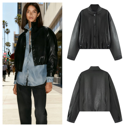Damen Kunstlederjacke Stehkragen Schwarz Norvielle - Norvielle