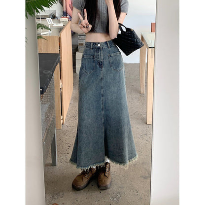 Damen Jeansrock Lang Fransiger Saum Norvielle