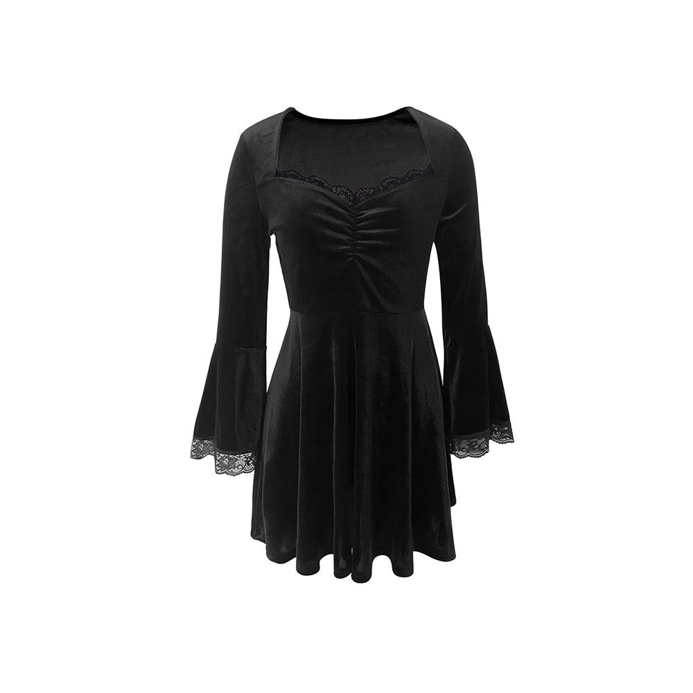 Damen Minikleid Spitzenärmel V-Ausschnitt Elegant