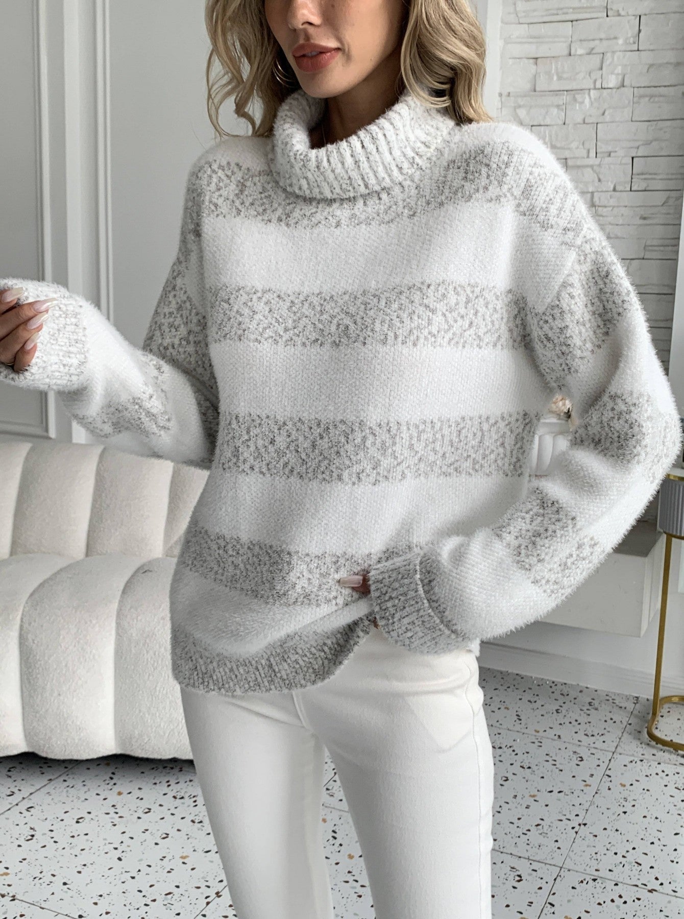 Damen Pullover Hochkragen Gestreift Norvielle
