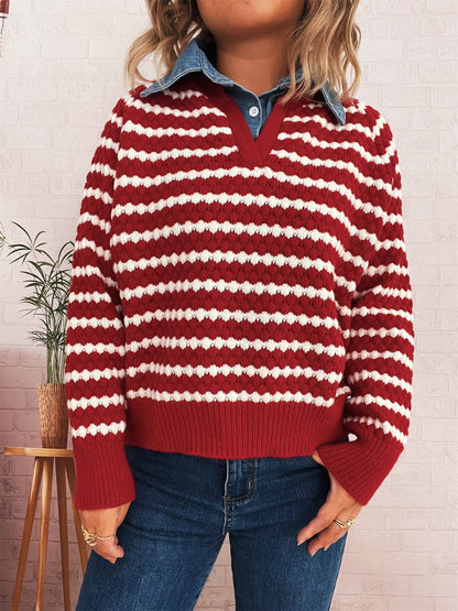 Damen Strickpullover V-Ausschnitt Streifenmuster