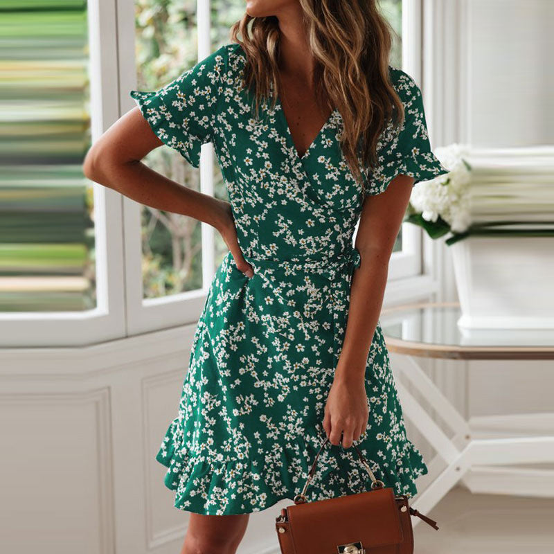 Damen Wickelkleid Voluminöse Rüschen Florales Design