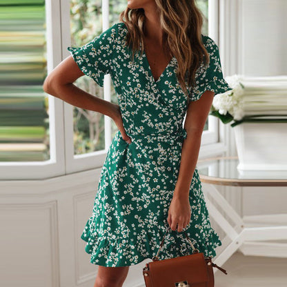 Damen Wickelkleid Voluminöse Rüschen Florales Design