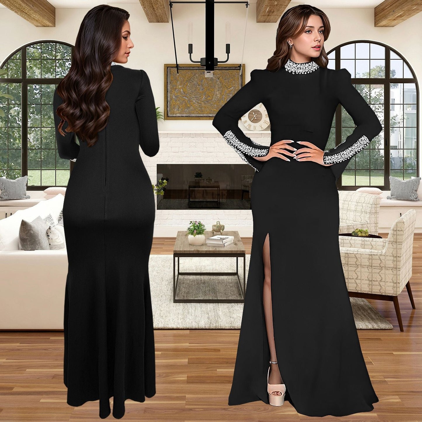 Damen Abendkleid Schimmernd Hohem Schlitz Norvielle