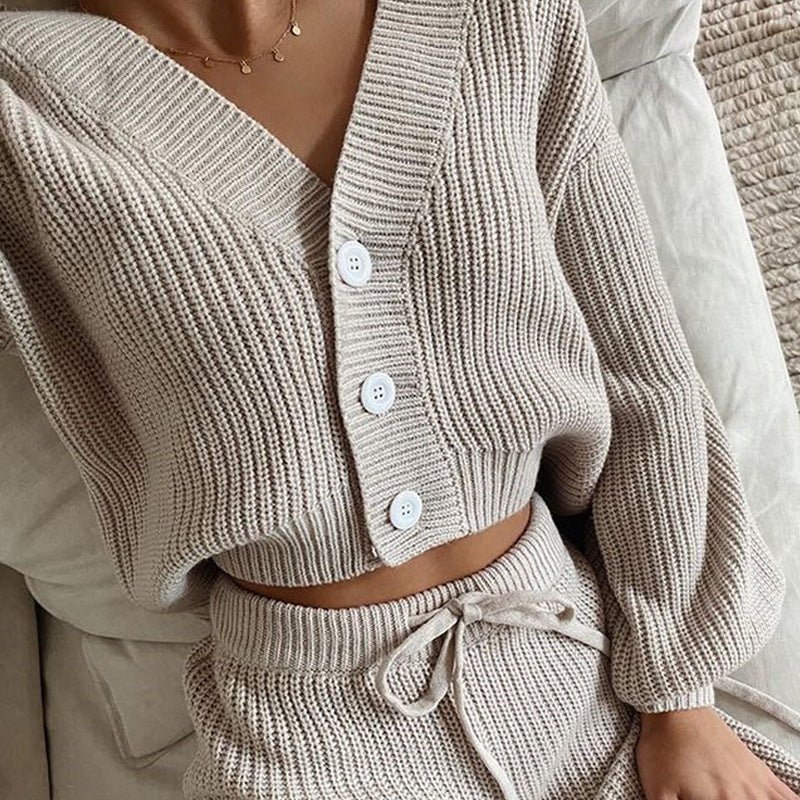 Damen Strick-Loungewear-Set mit Knöpfen und verstellbarem Bund