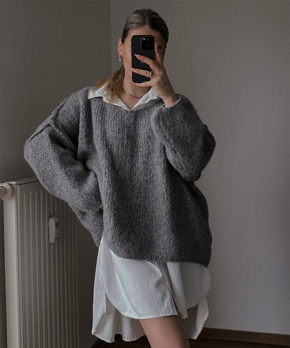 Damen Oversized Pullover Weich Voluminöse Ärmel Beige