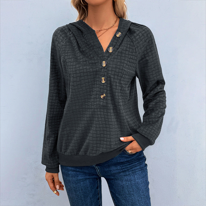 Damen Kapuzenpullover Strukturiertes Design Dekorative Knöpfe
