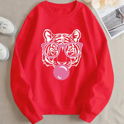 Damen Sweatshirt Tiger-Design Lässig Grau