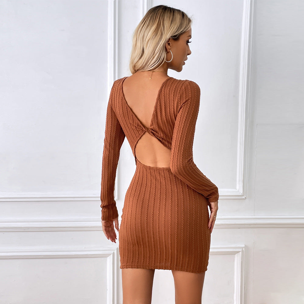 Damen Strickminikleid Langärmlig Rippdesign Beige - Norvielle