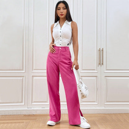 Damen Cordhose Weite Bein Elegant Schlitz