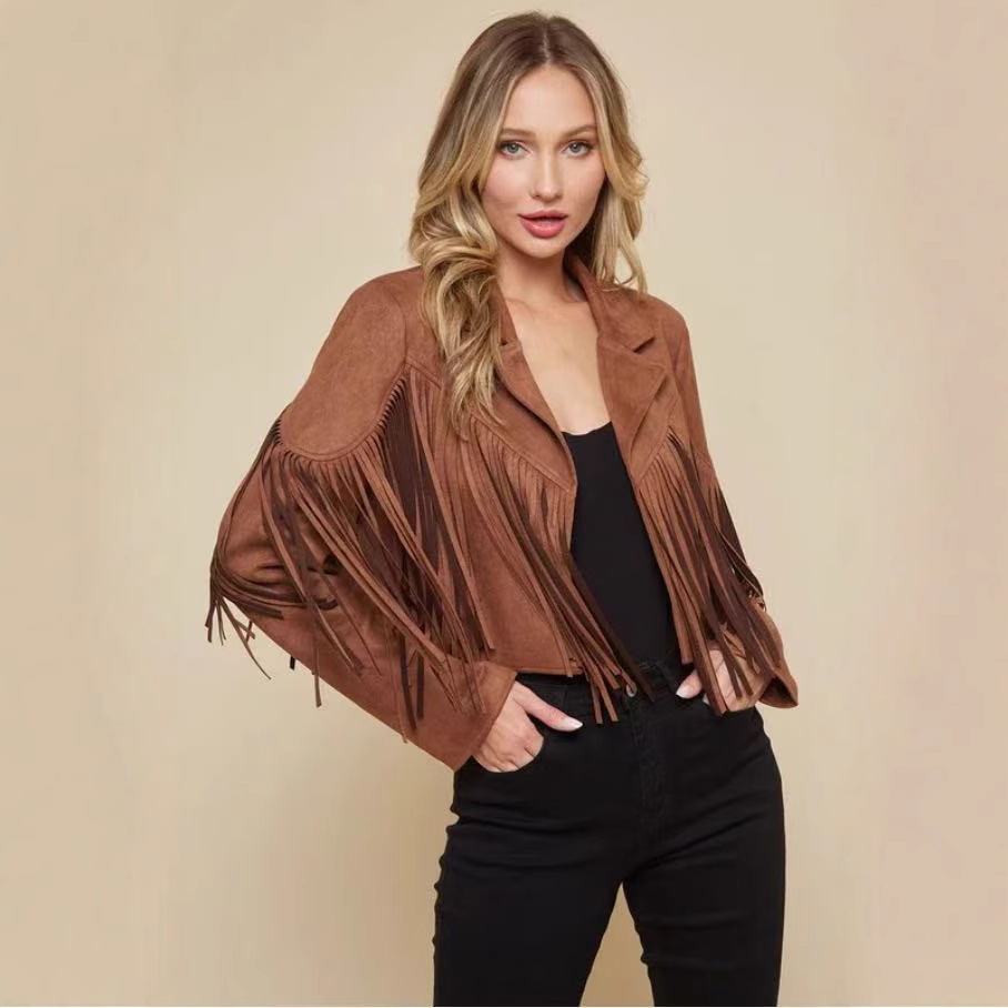 Kurzjacke Damen Fransen Leder Vintage Stil Reverskragen
