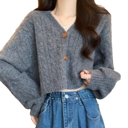 Damen Strickcardigan Zopfmuster Knopfverschluss Beige