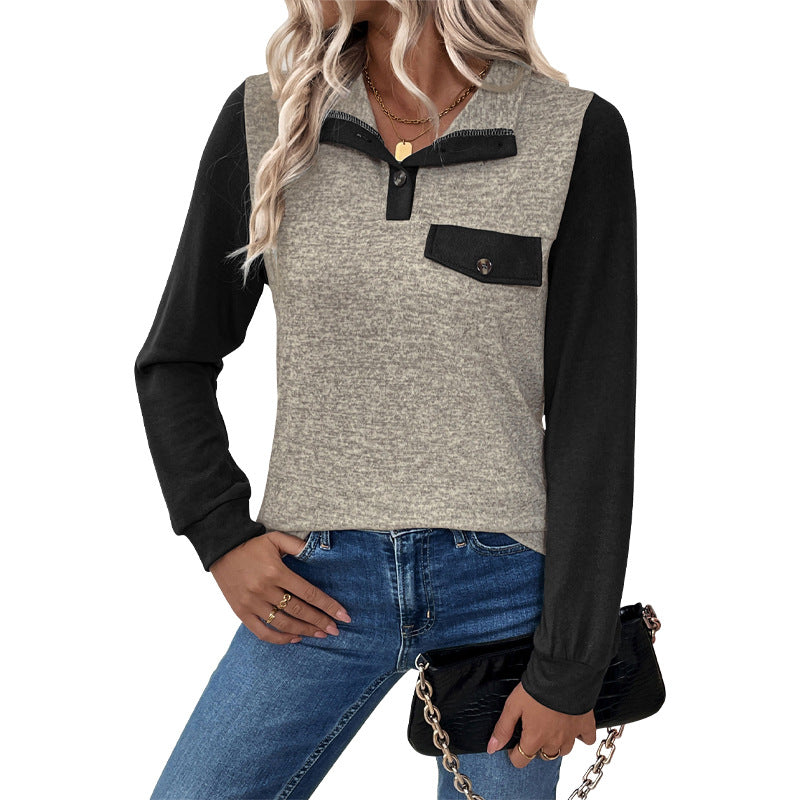 Damen Langarmshirt Kontrast Einsätze Brusttasche Norvielle