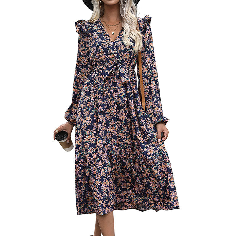 Damen Midi-Kleid Floralmuster Rüschen Elegant Blumenmuster