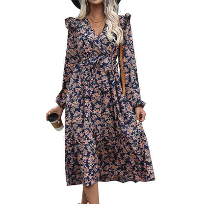 Damen Midi-Kleid Floralmuster Rüschen Elegant Blumenmuster