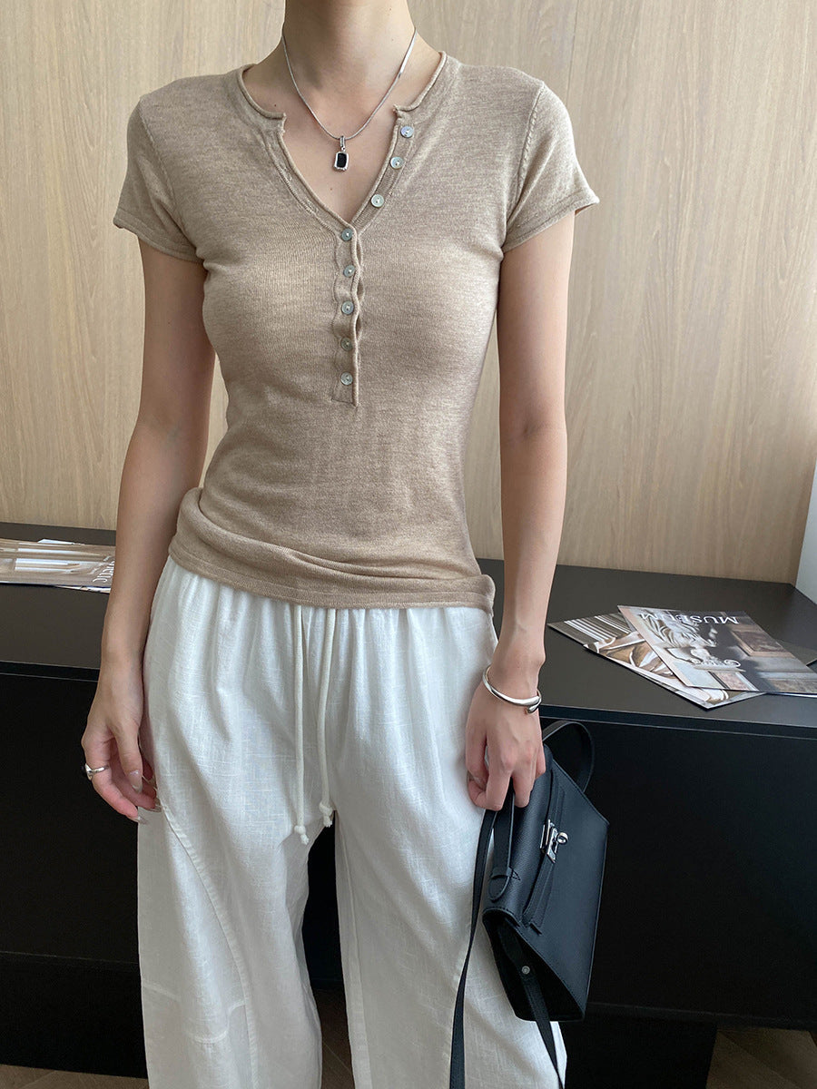 Damen Kurzarm Henley-Shirt Figurbetont Norvielle Baumwolle Weiß