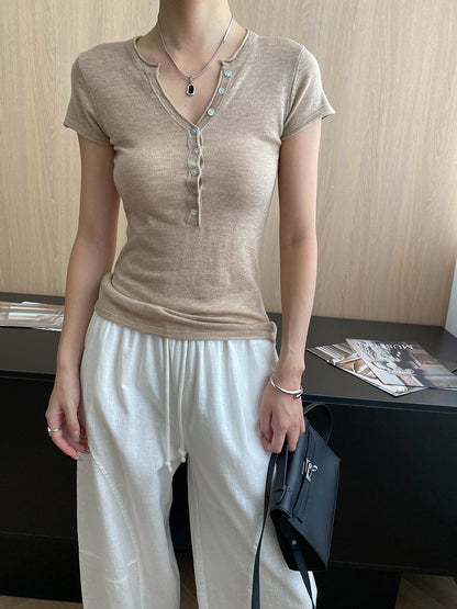 Damen Kurzarm Henley-Shirt Figurbetont Norvielle Baumwolle Weiß