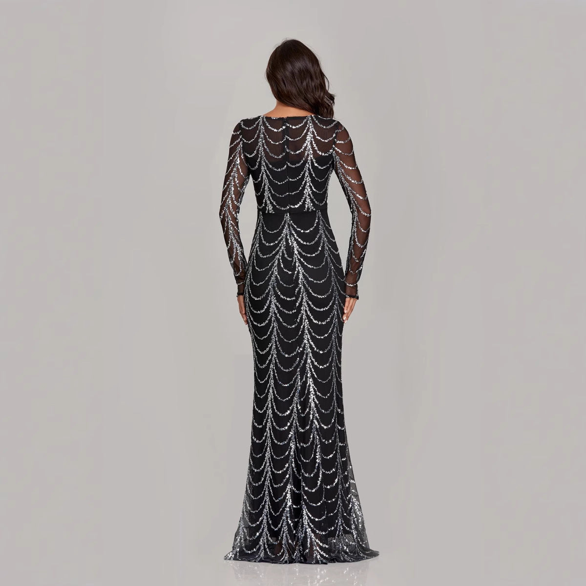 Damen Abendkleid Figurbetont Transparente Ärmel Pailletten