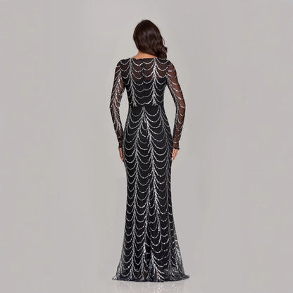 Damen Abendkleid Figurbetont Transparente Ärmel Pailletten