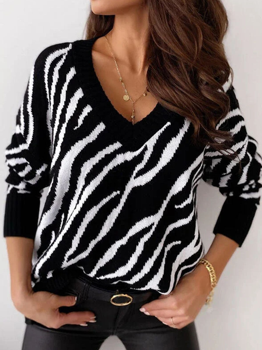 Damen Strickpullover V-Ausschnitt Zebra-Muster