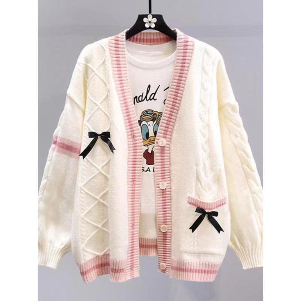 Damen Strickcardigan Zopfmuster Dekorative Schleifen Beige