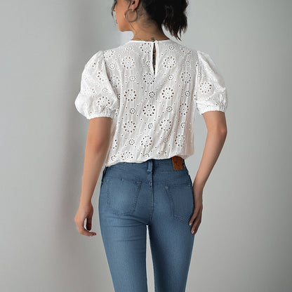 Damen Bluse Puffärmel Blumenmuster Kordelzug Norvielle