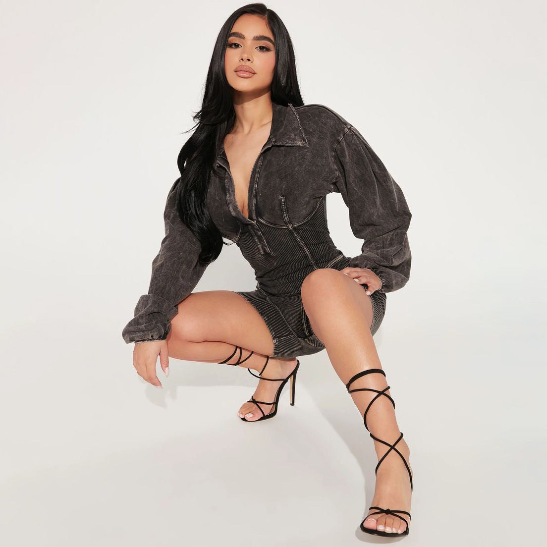 Damen Jumpsuit Puffärmel Rippstruktur Norvielle