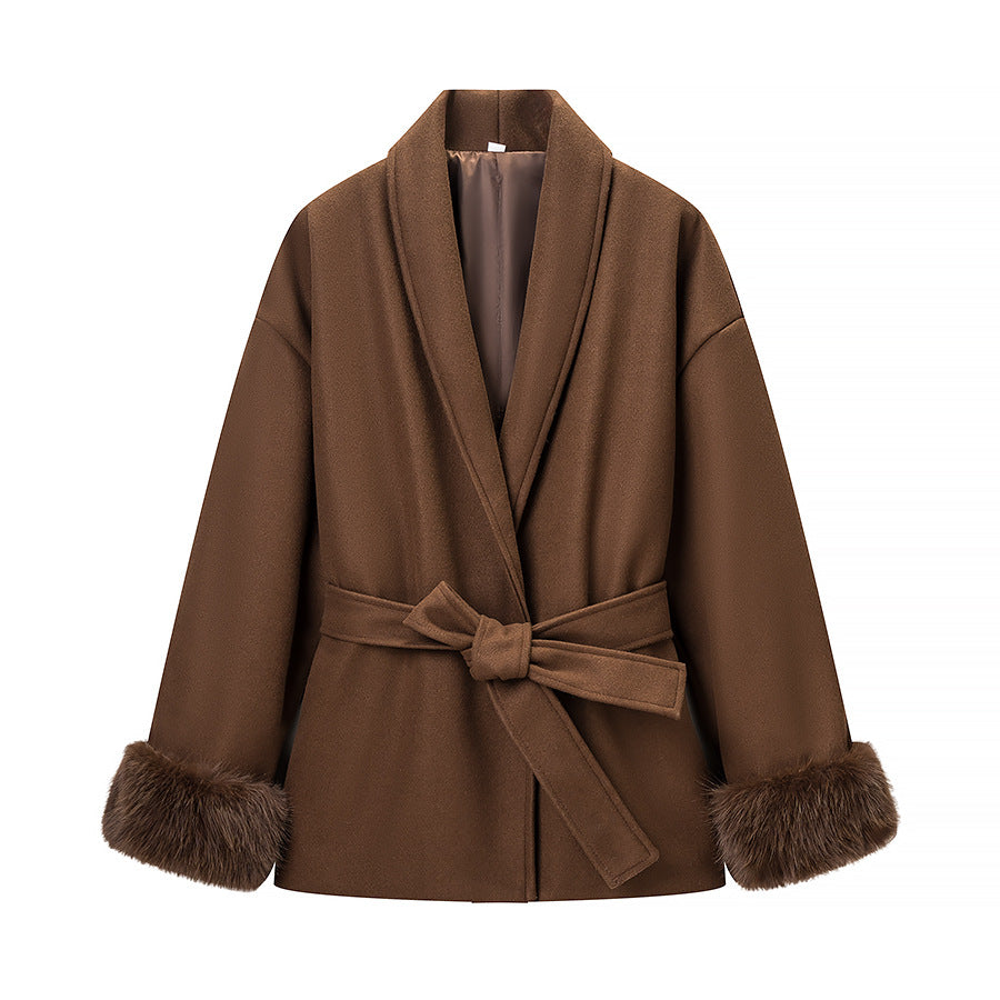 Damen Modische Jacke Weichgefütterter Kragen Bindegürtel Norvielle