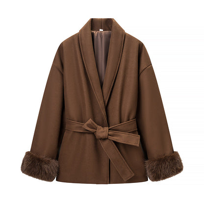 Damen Modische Jacke Weichgefütterter Kragen Bindegürtel Norvielle