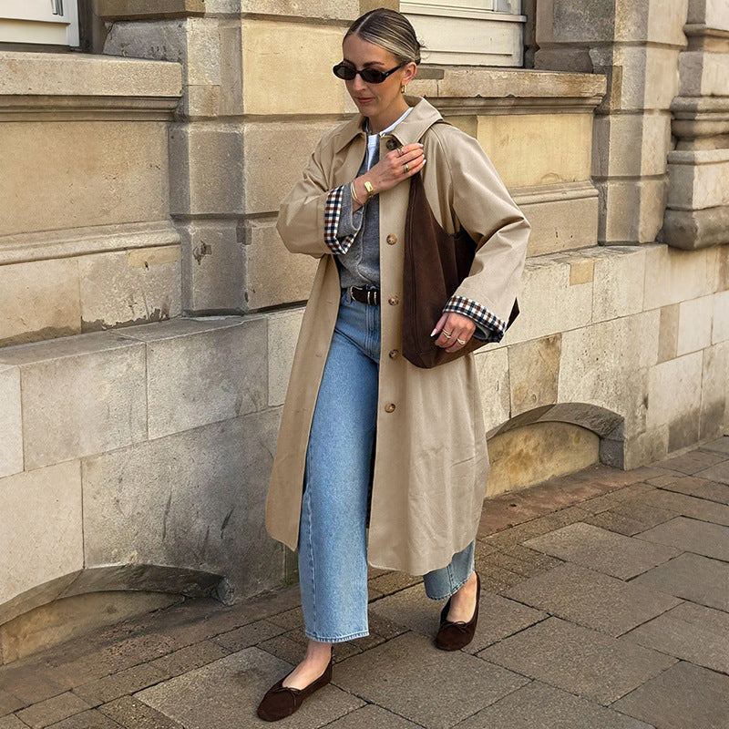 Damen Trenchcoat Kariertes Innenfutter Praktischer Schnitt Norvielle - Norvielle