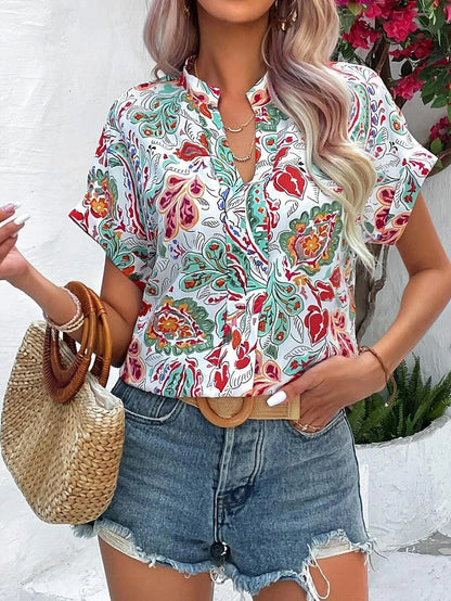 Damen Kurzarmbluse Paisley Muster Stehkragen