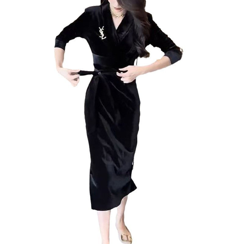 Damen Langarmkleid Wickeldesign Rüschensaum
