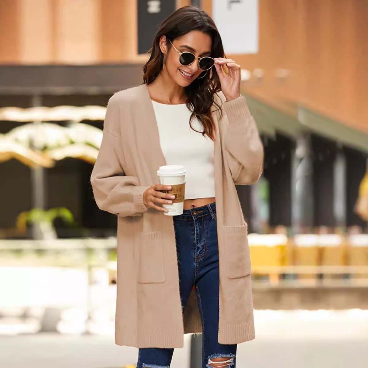 Damen Cardigan Grobstrick Weite Ärmel Tiefen Taschen Norvielle