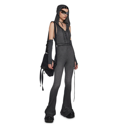 Damen Jumpsuit Fitted mit Kapuze Länge Lang Ärmel Schwarz Norvielle - Norvielle