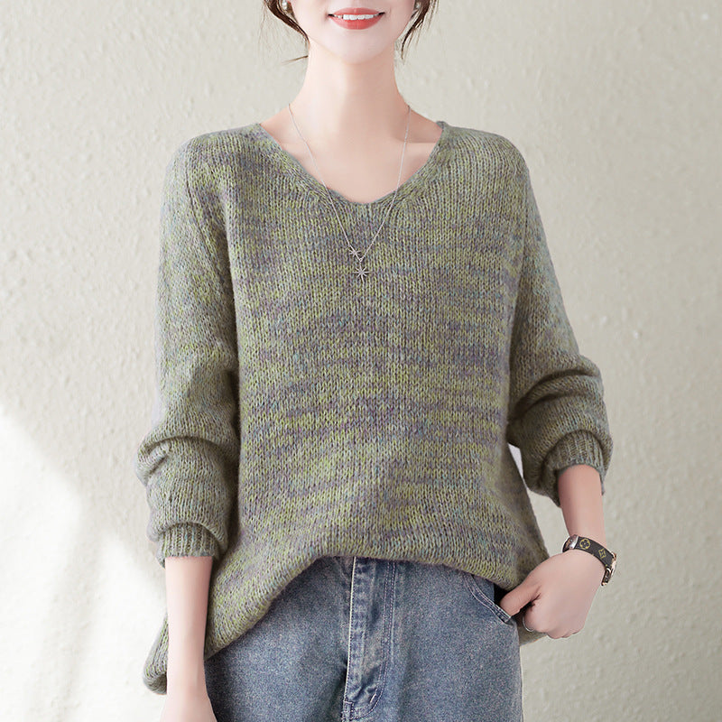 Damen Oversized Pullover V-Ausschnitt Grobstrick Beige