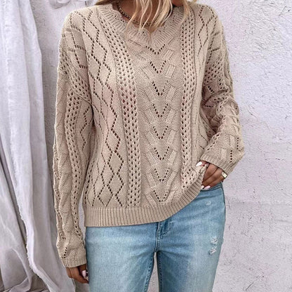 Damen Strickpullover V-Ausschnitt Netzstruktur Norvielle