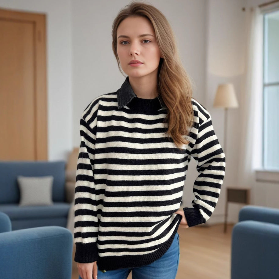 Damen Oversized Pullover Streifenmuster Lässig Beige - Norvielle