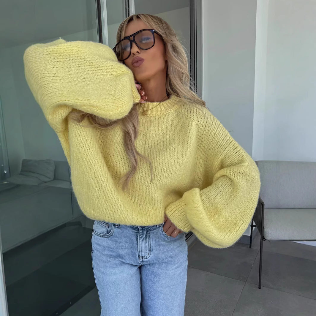 Damen Strickpullover Oversized Voluminöse Ärmel Beige