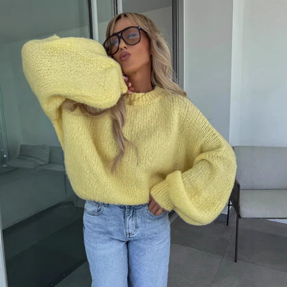 Damen Strickpullover Oversized Voluminöse Ärmel Beige