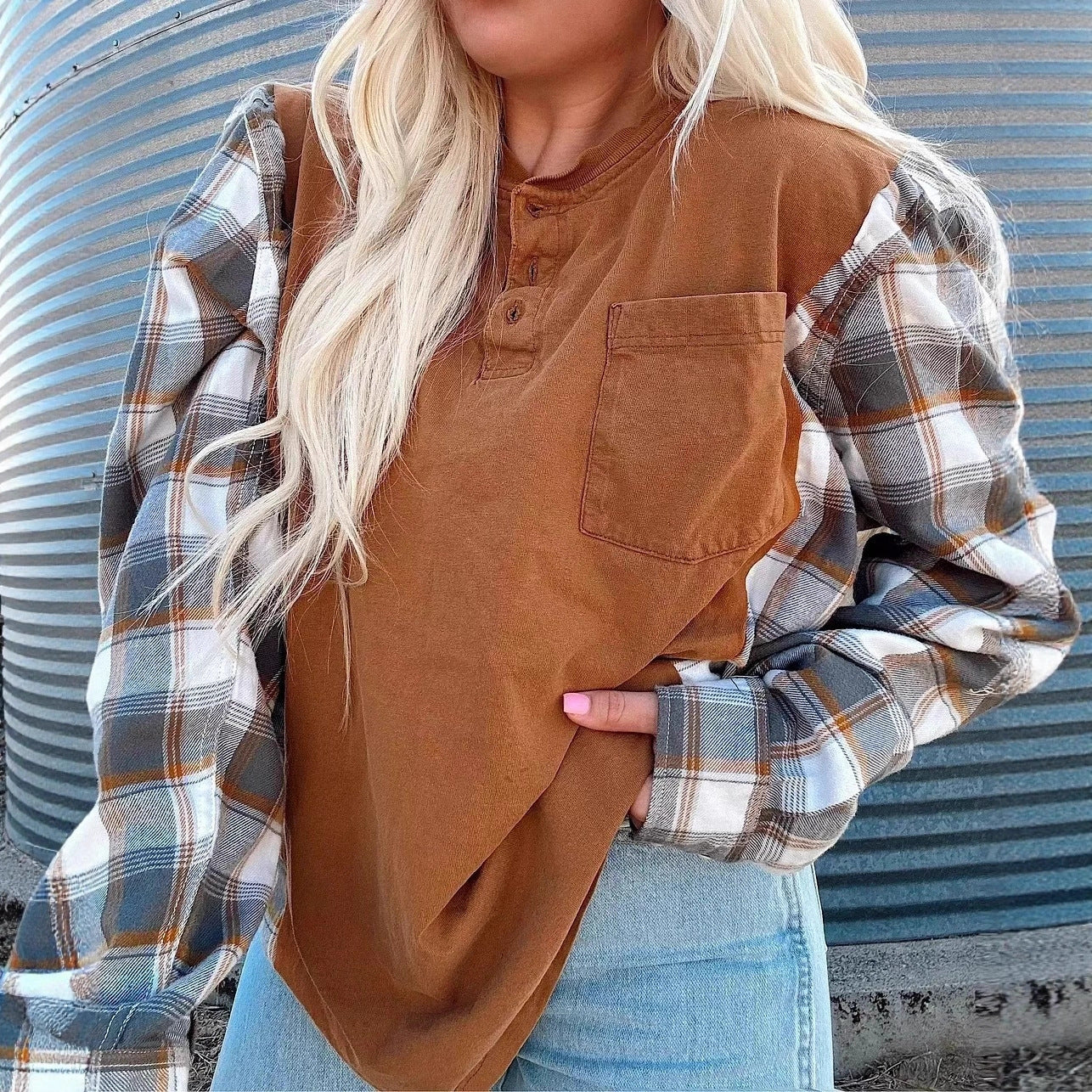 Damen Langarmshirt karierte Ärmel Norvielle